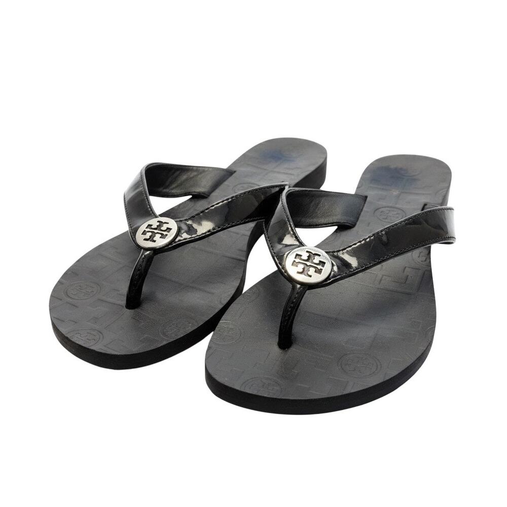Tory Burch Emmy Black Patent Leather Thong Sandal Flip Flop Silver Logo Size 7⁠